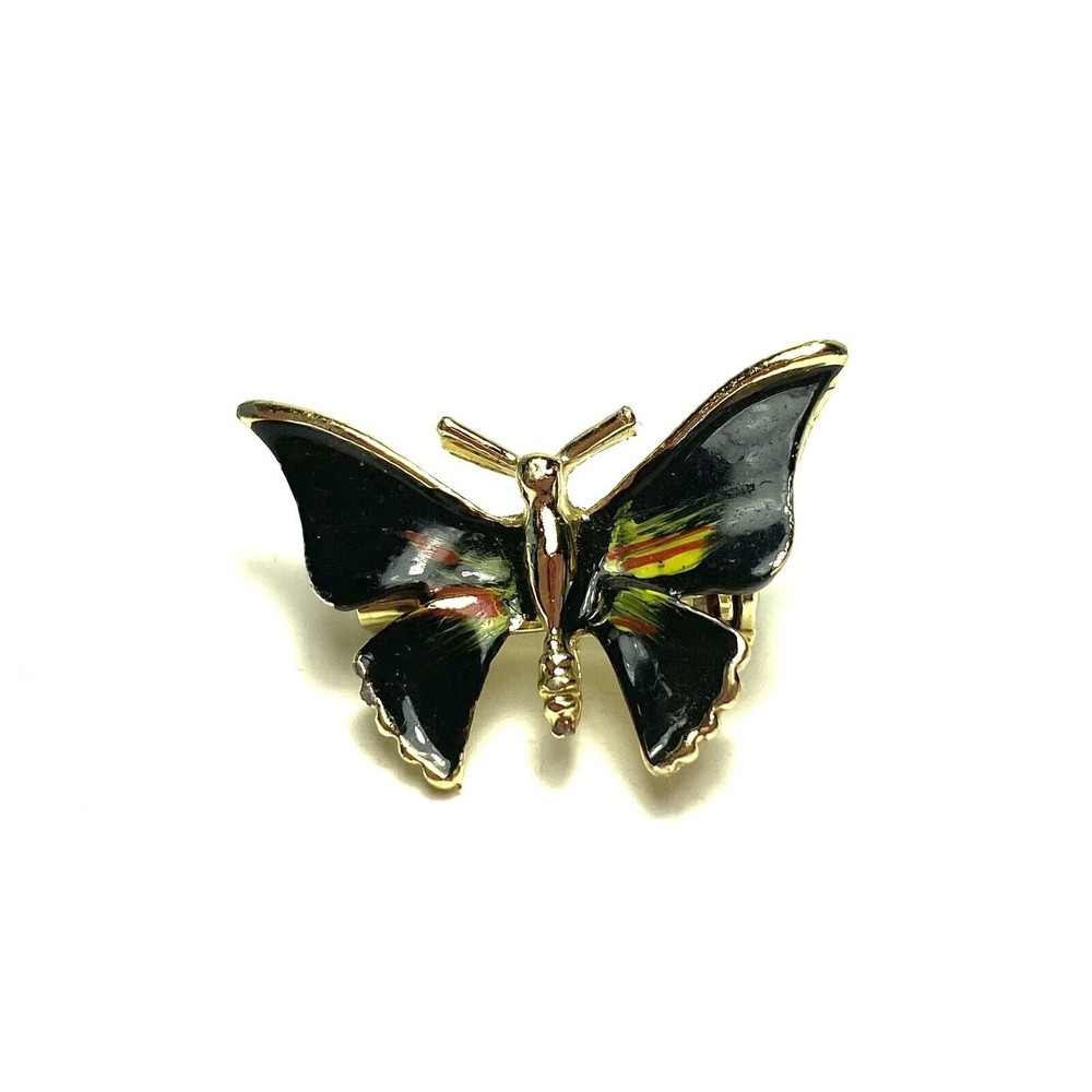 Vintage Small Enamel Butterfly Brooch Insect Gold Tone Coat Sweater Pin Black